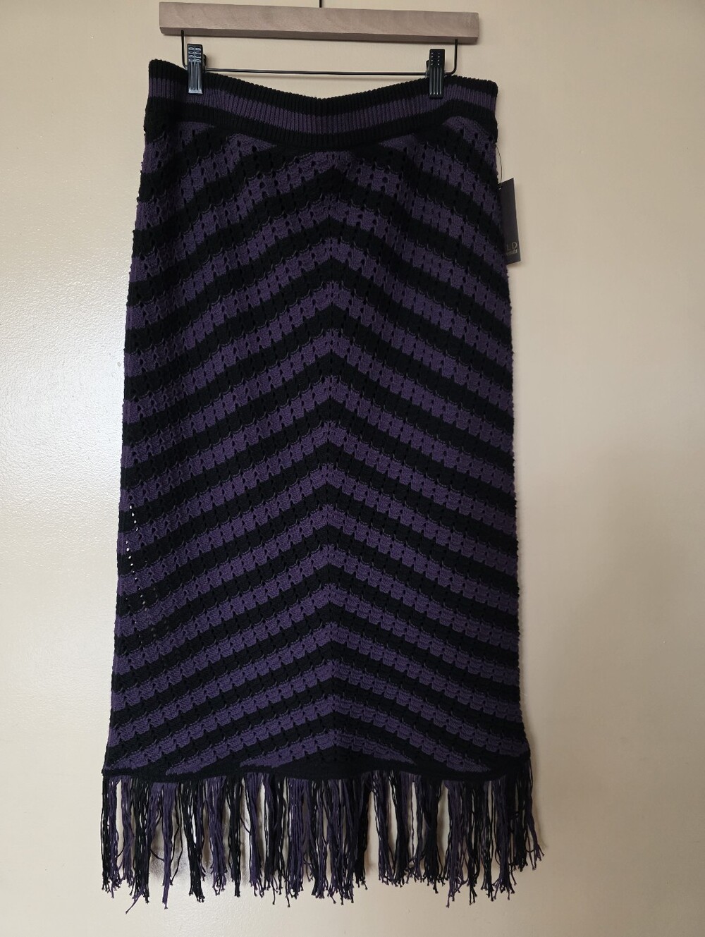 Whimsigoth Purple Fringe Open Knit Pull On Crochet Midi Skirt XL Goblin Grunge